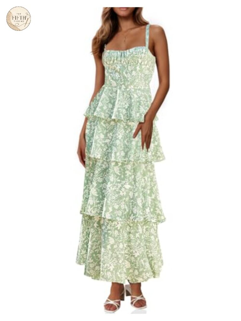 Fisoew Womens Floral Maxi Dress Spaghetti Strap Ruffle Tiered Casual